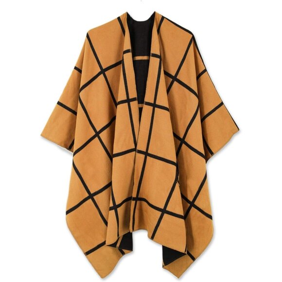 Women Shawl Wrap Poncho Cape Open Front Cardigan Fall Winter Black Sandstone - Picture 3 of 5